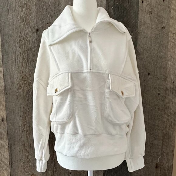 White 1/4 Zip Sweatshirt with Front Pockets - Picture 1 of 11